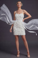 Load image into Gallery viewer, White Bodycon Floral Short Spaghetti Straps Boho Wedding Dress with Cape