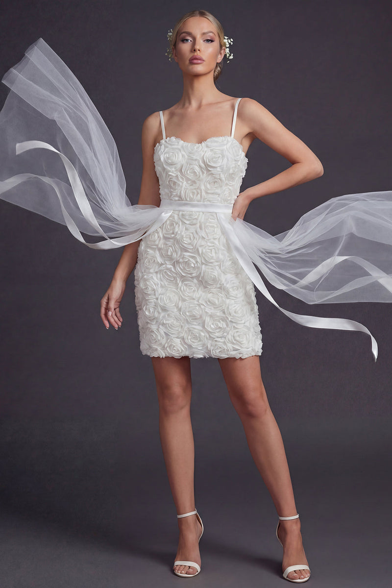 Load image into Gallery viewer, White Bodycon Floral Short Spaghetti Straps Boho Wedding Dress with Cape