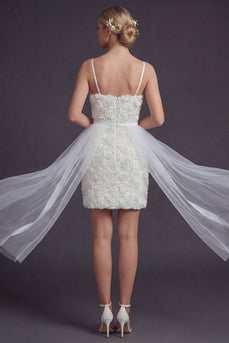 White Bodycon Floral Short Spaghetti Straps Boho Wedding Dress with Cape