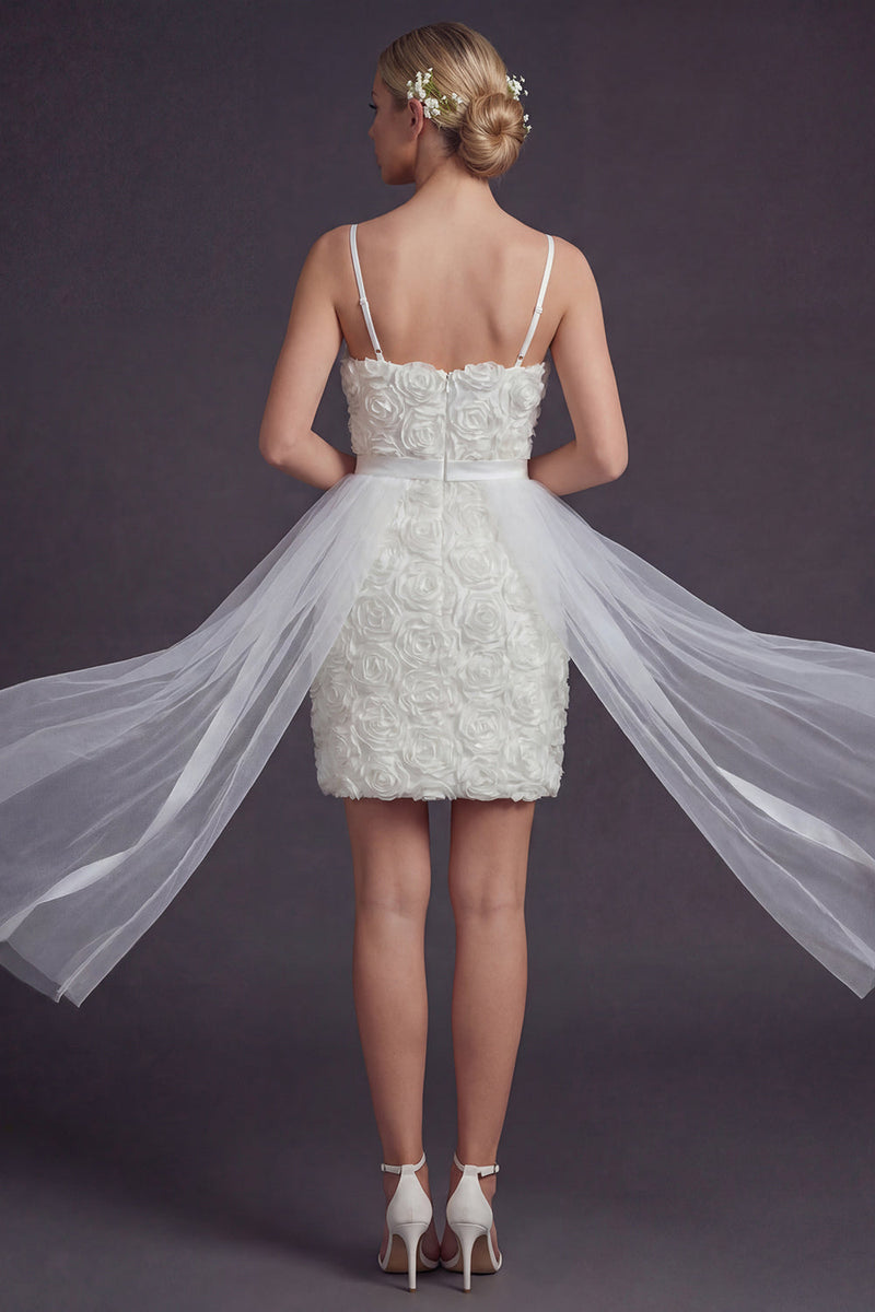 Load image into Gallery viewer, White Bodycon Floral Short Spaghetti Straps Boho Wedding Dress with Cape