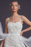 Load image into Gallery viewer, White Bodycon Floral Short Spaghetti Straps Boho Wedding Dress with Cape