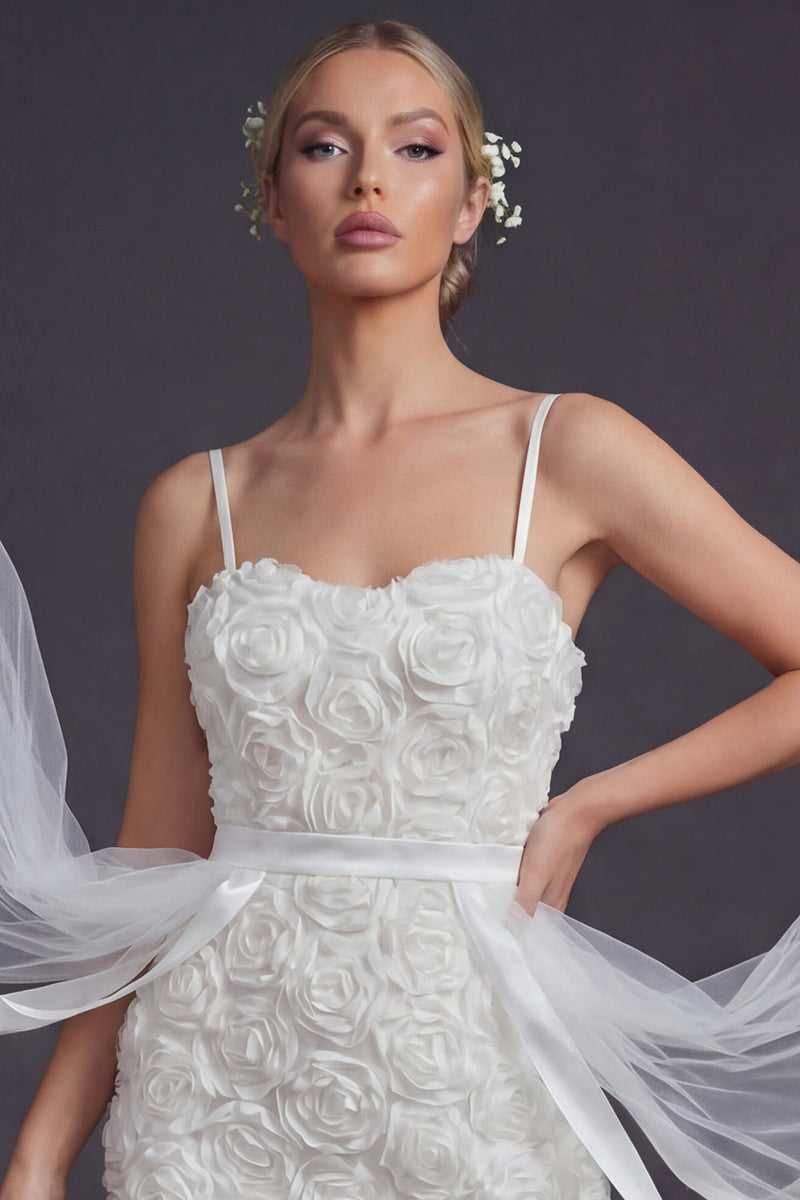 Load image into Gallery viewer, White Bodycon Floral Short Spaghetti Straps Boho Wedding Dress with Cape