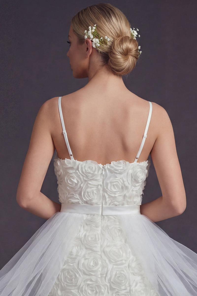 Load image into Gallery viewer, White Bodycon Floral Short Spaghetti Straps Boho Wedding Dress with Cape