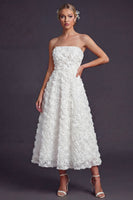 Load image into Gallery viewer, White A Line Strapless Maxi Boho Wedding Dress with 3D Flowers