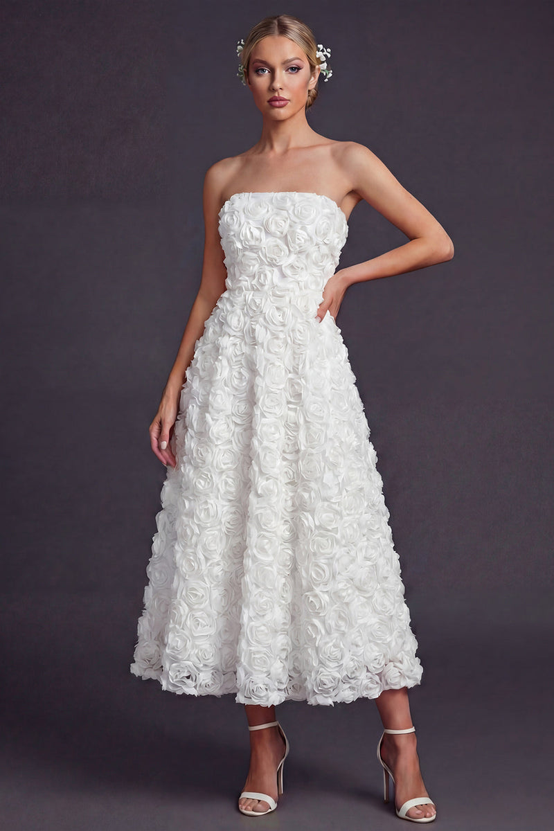 Load image into Gallery viewer, White A Line Strapless Maxi Boho Wedding Dress with 3D Flowers