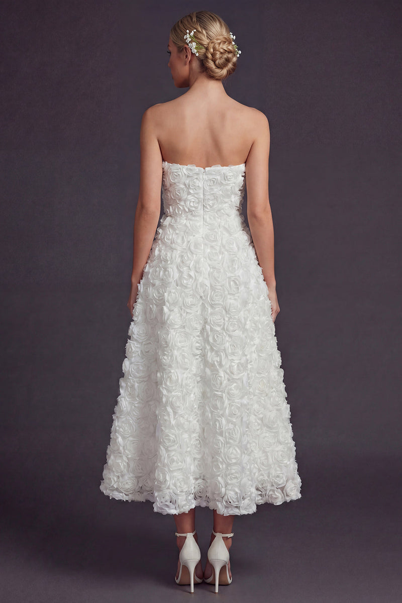 Load image into Gallery viewer, White A Line Strapless Maxi Boho Wedding Dress with 3D Flowers