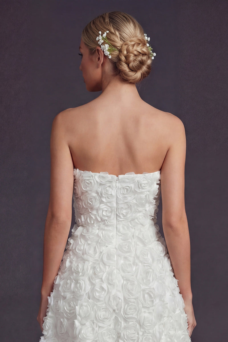 Load image into Gallery viewer, White A Line Strapless Maxi Boho Wedding Dress with 3D Flowers