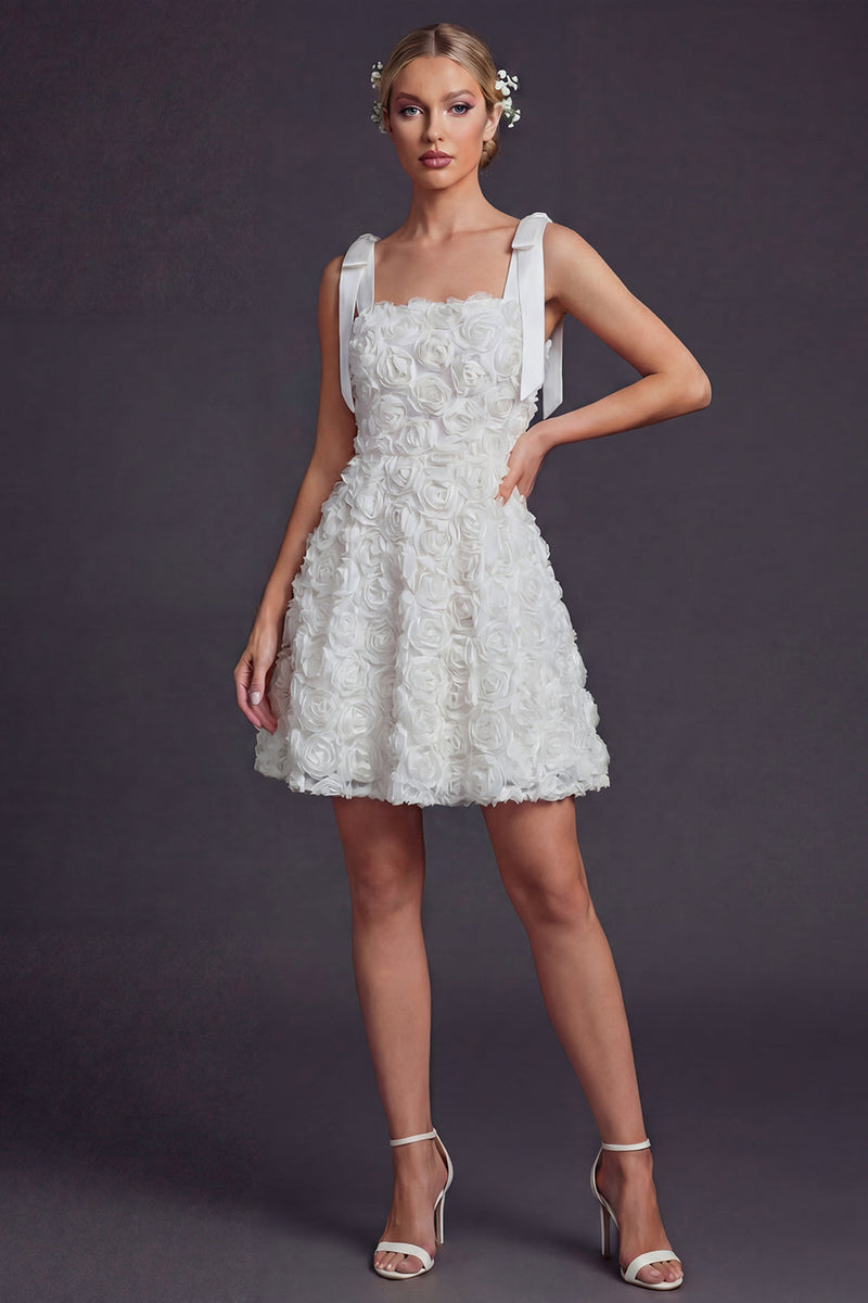 Load image into Gallery viewer, White A Line Floral Square Neck Short Boho Wedding Dress with Bow