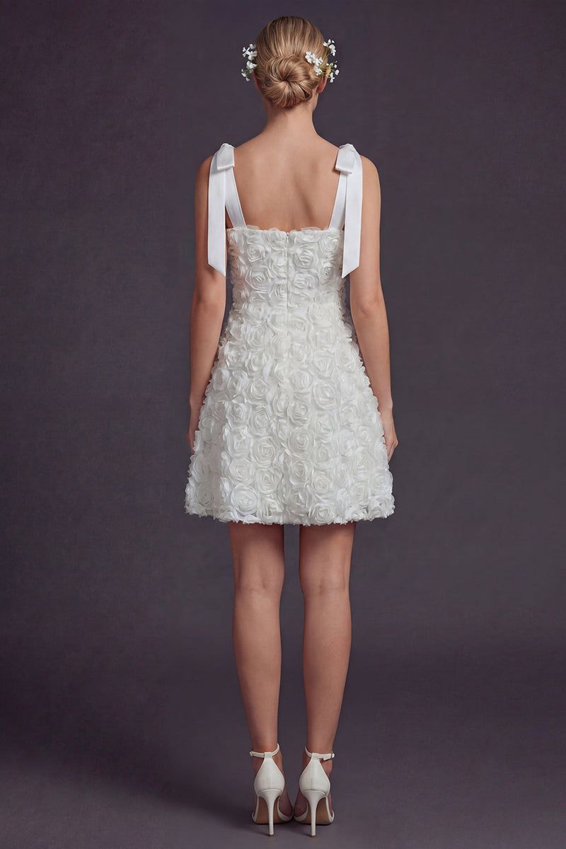 Load image into Gallery viewer, White A Line Floral Square Neck Short Boho Wedding Dress with Bow