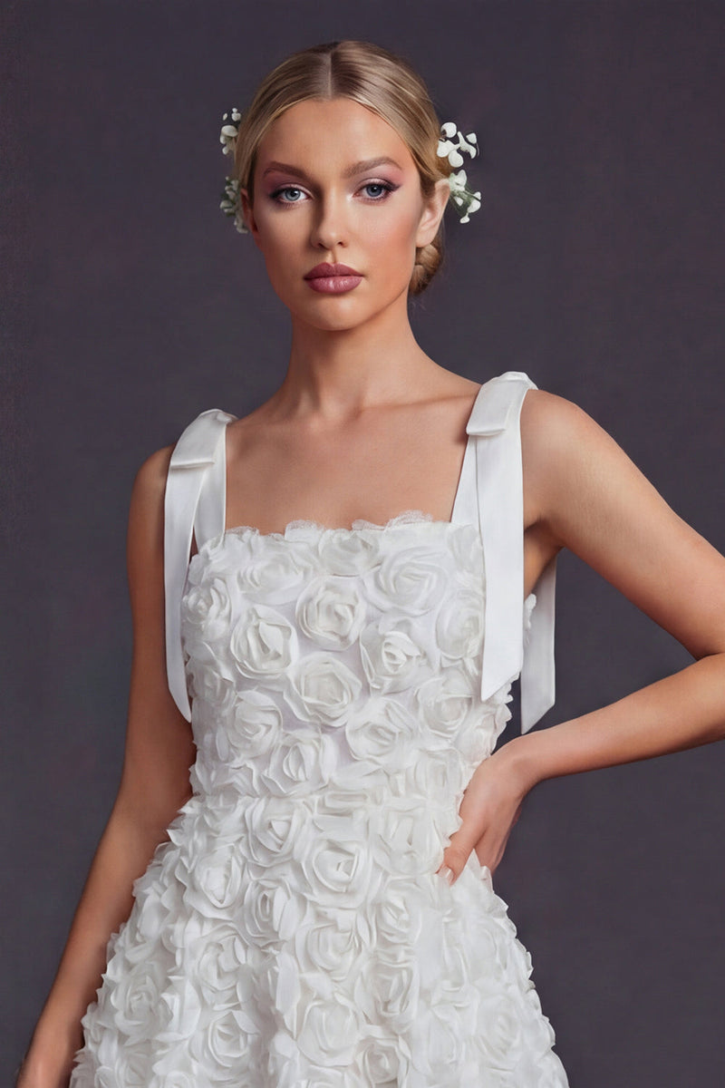 Load image into Gallery viewer, White A Line Floral Square Neck Short Boho Wedding Dress with Bow
