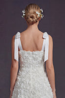 Load image into Gallery viewer, White A Line Floral Square Neck Short Boho Wedding Dress with Bow