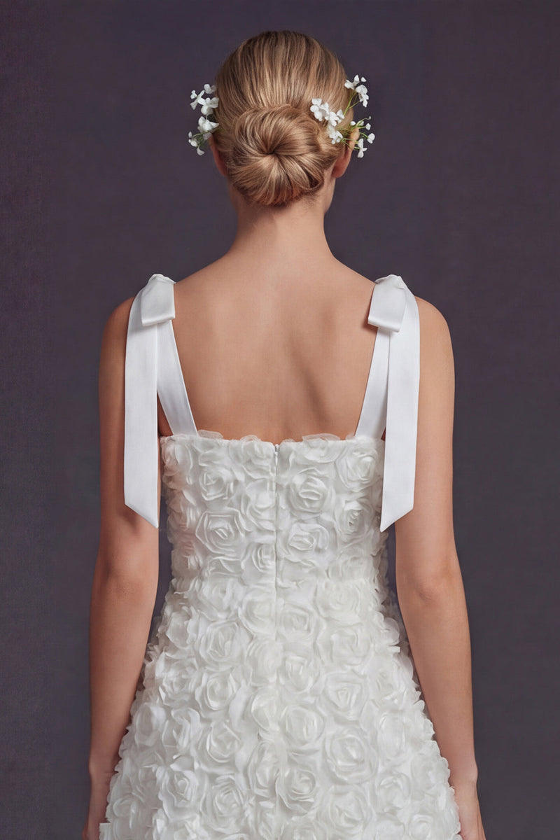 Load image into Gallery viewer, White A Line Floral Square Neck Short Boho Wedding Dress with Bow