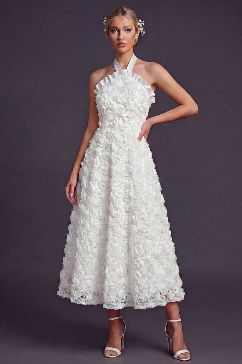 Load image into Gallery viewer, White Halter Maxi A Line Boho Ruffled Wedding Dress with 3D Flowers