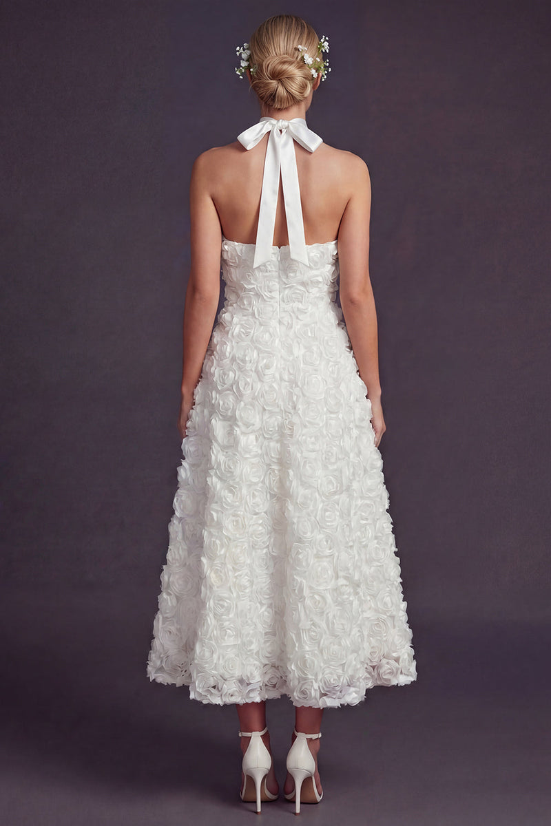 Load image into Gallery viewer, White Halter Maxi A Line Boho Ruffled Wedding Dress with 3D Flowers