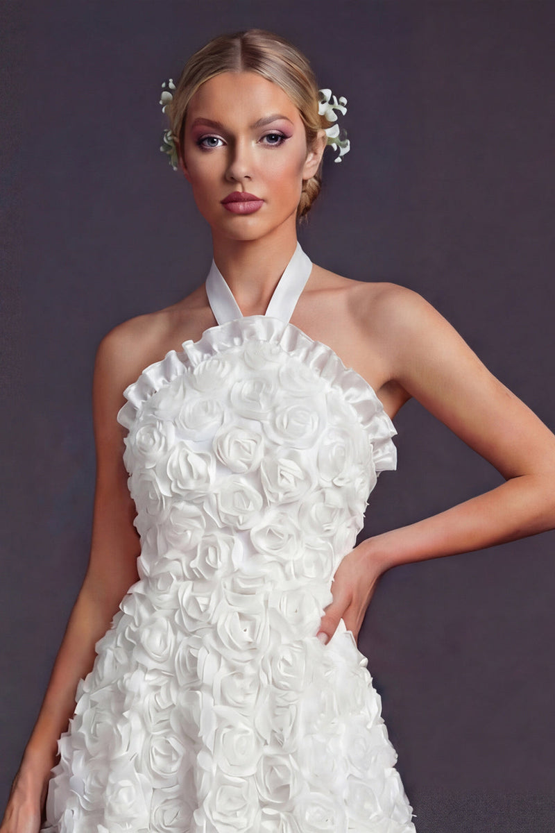 Load image into Gallery viewer, White Halter Maxi A Line Boho Ruffled Wedding Dress with 3D Flowers