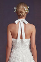 Load image into Gallery viewer, White Halter Maxi A Line Boho Ruffled Wedding Dress with 3D Flowers