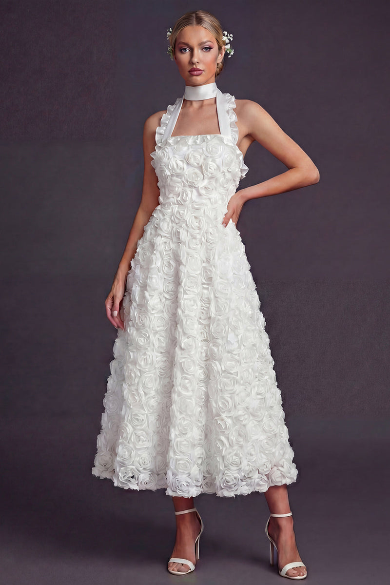 Load image into Gallery viewer, White A Line Halter Ruffled Maxi Boho Wedding Dress with 3D Flowers