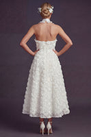Load image into Gallery viewer, White A Line Halter Ruffled Maxi Boho Wedding Dress with 3D Flowers