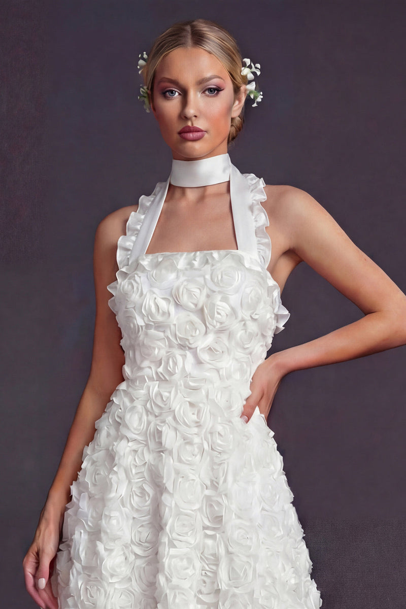 Load image into Gallery viewer, White A Line Halter Ruffled Maxi Boho Wedding Dress with 3D Flowers