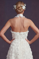 Load image into Gallery viewer, White A Line Halter Ruffled Maxi Boho Wedding Dress with 3D Flowers