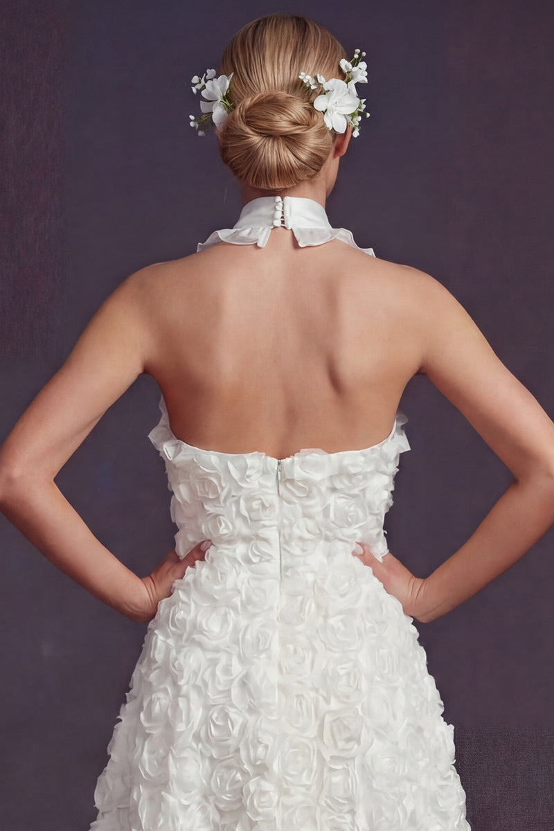 Load image into Gallery viewer, White A Line Halter Ruffled Maxi Boho Wedding Dress with 3D Flowers
