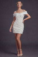 Load image into Gallery viewer, White Cold Shoulder Boho Short Wedding Dress with 3D Flowers
