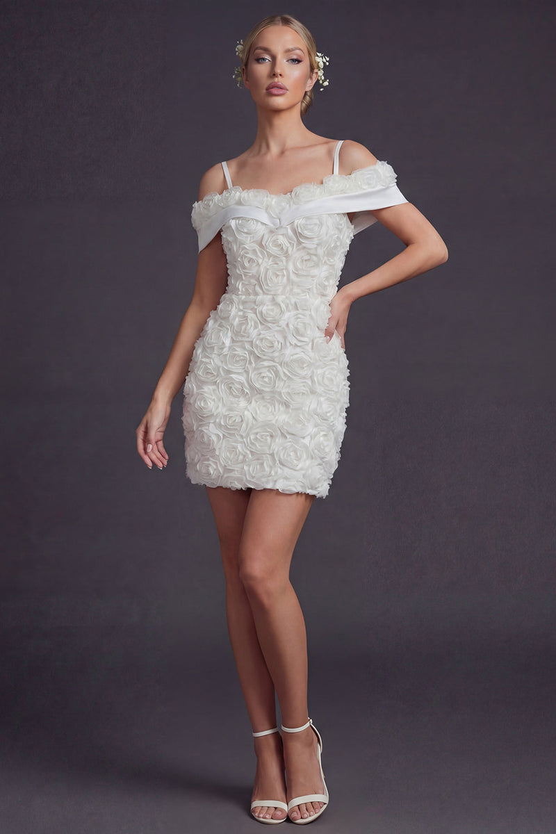 Load image into Gallery viewer, White Cold Shoulder Boho Short Wedding Dress with 3D Flowers
