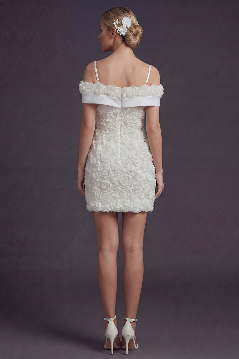 Load image into Gallery viewer, White Cold Shoulder Boho Short Wedding Dress with 3D Flowers