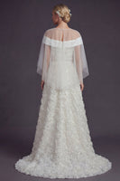 Load image into Gallery viewer, White Sweep Train Floral A Line Boho Wedding Dress with Cape