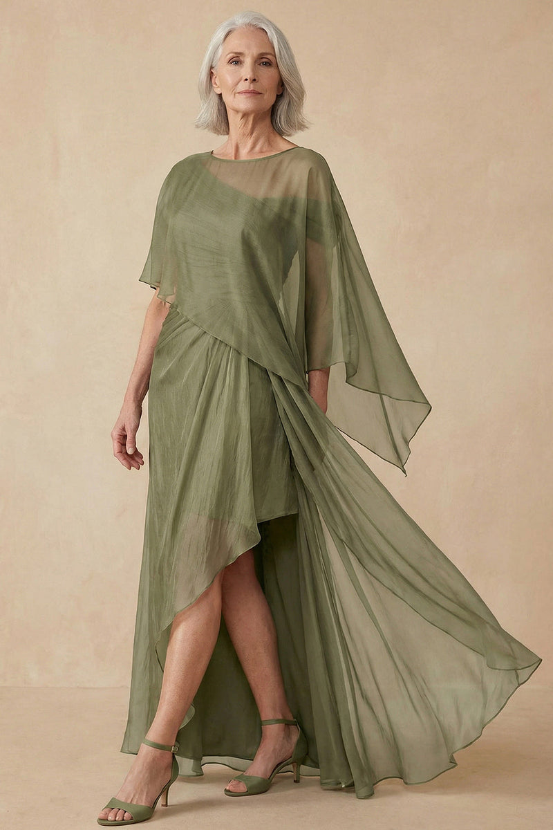 Load image into Gallery viewer, Dusty Sage Flowy A Line Long Mother of the Bride Dress with Cape
