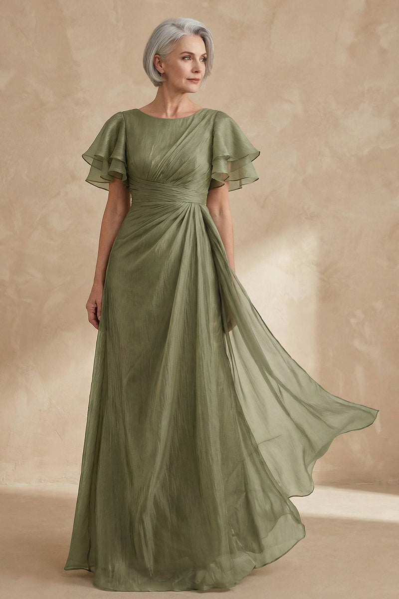 Load image into Gallery viewer, A Line Dusty Sage Boat Neck Long Mother of the Bride Dress with Ruffles