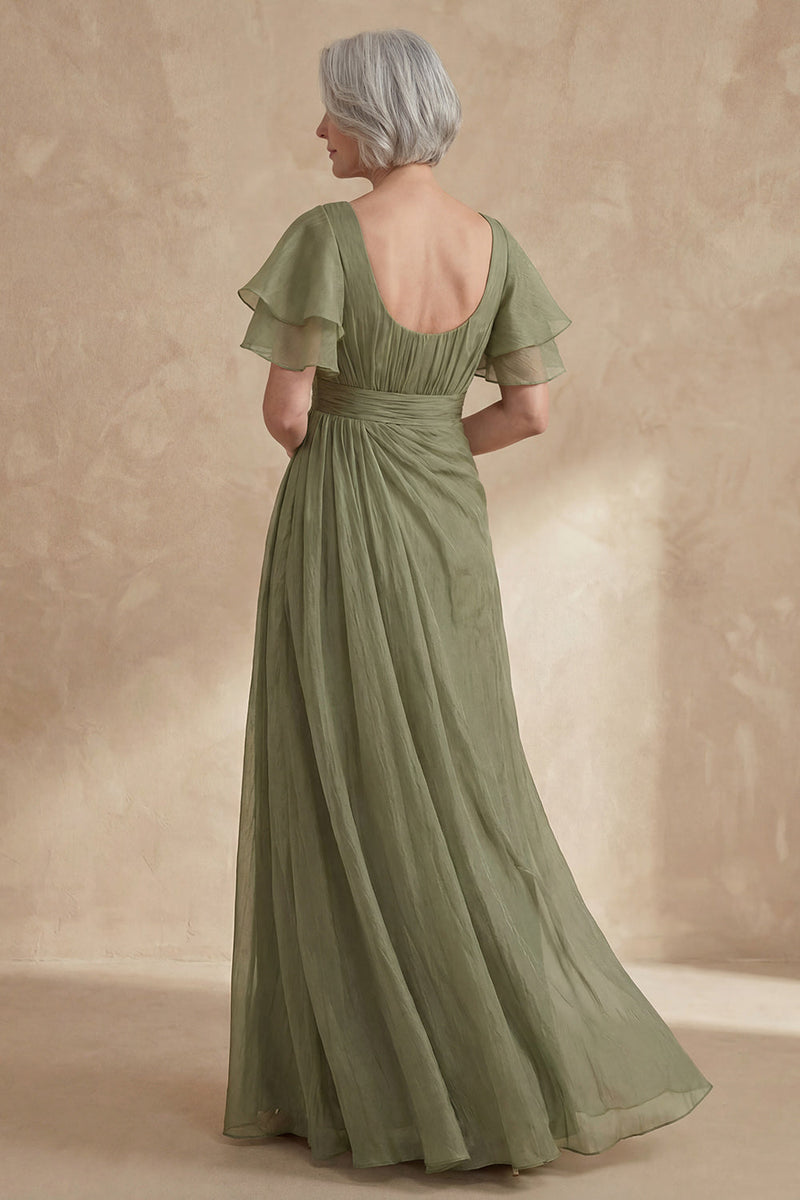 Load image into Gallery viewer, A Line Dusty Sage Boat Neck Long Mother of the Bride Dress with Ruffles