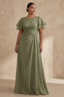 Load image into Gallery viewer, A Line Dusty Sage Boat Neck Long Mother of the Bride Dress with Ruffles