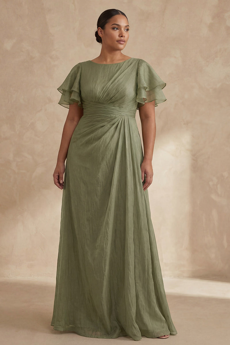 Load image into Gallery viewer, A Line Dusty Sage Boat Neck Long Mother of the Bride Dress with Ruffles