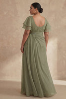 Load image into Gallery viewer, A Line Dusty Sage Boat Neck Long Mother of the Bride Dress with Ruffles