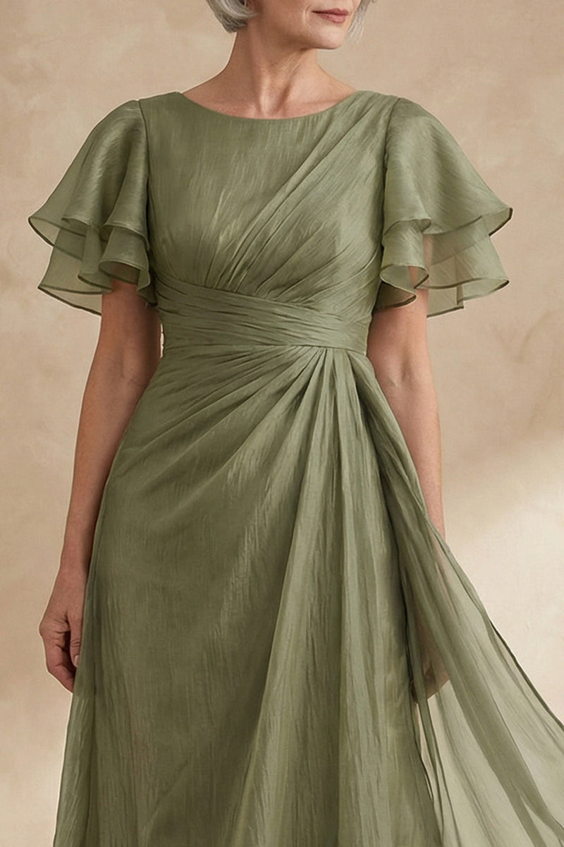 Load image into Gallery viewer, A Line Dusty Sage Boat Neck Long Mother of the Bride Dress with Ruffles