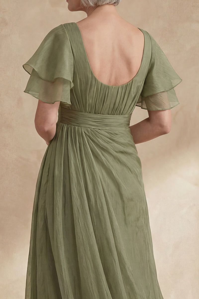 Load image into Gallery viewer, A Line Dusty Sage Boat Neck Long Mother of the Bride Dress with Ruffles