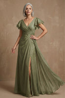 Load image into Gallery viewer, V Neck Dusty Sage Ruffled A Line Long Mother of the Bride Dress with Slit