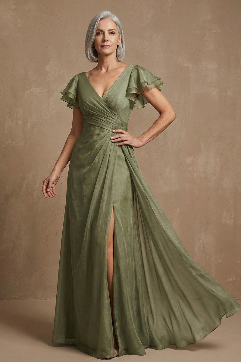 Load image into Gallery viewer, V Neck Dusty Sage Ruffled A Line Long Mother of the Bride Dress with Slit