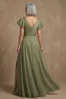Load image into Gallery viewer, V Neck Dusty Sage Ruffled A Line Long Mother of the Bride Dress with Slit