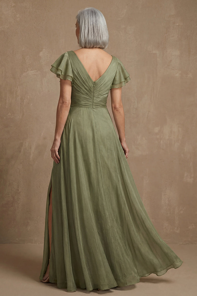 Load image into Gallery viewer, V Neck Dusty Sage Ruffled A Line Long Mother of the Bride Dress with Slit