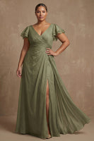 Load image into Gallery viewer, V Neck Dusty Sage Ruffled A Line Long Mother of the Bride Dress with Slit