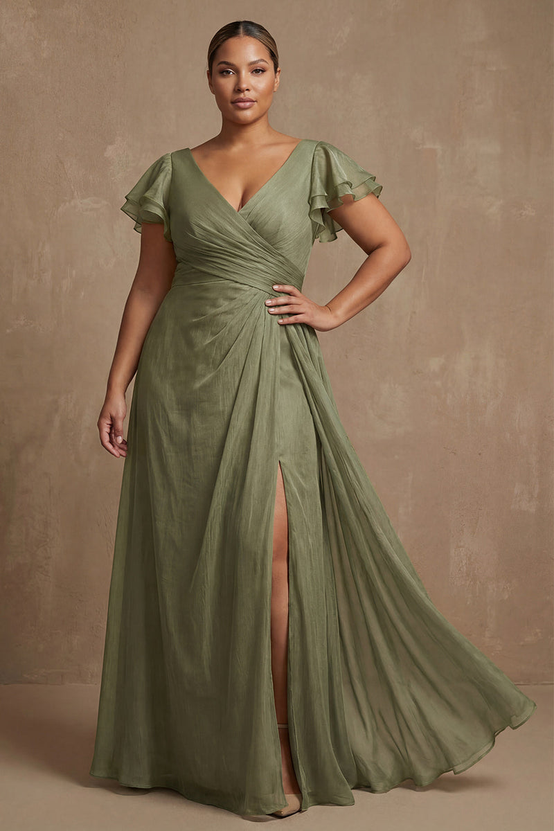 Load image into Gallery viewer, V Neck Dusty Sage Ruffled A Line Long Mother of the Bride Dress with Slit