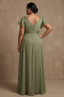 Load image into Gallery viewer, V Neck Dusty Sage Ruffled A Line Long Mother of the Bride Dress with Slit