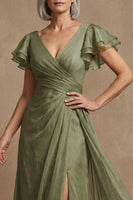 Load image into Gallery viewer, V Neck Dusty Sage Ruffled A Line Long Mother of the Bride Dress with Slit
