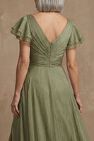 Load image into Gallery viewer, V Neck Dusty Sage Ruffled A Line Long Mother of the Bride Dress with Slit
