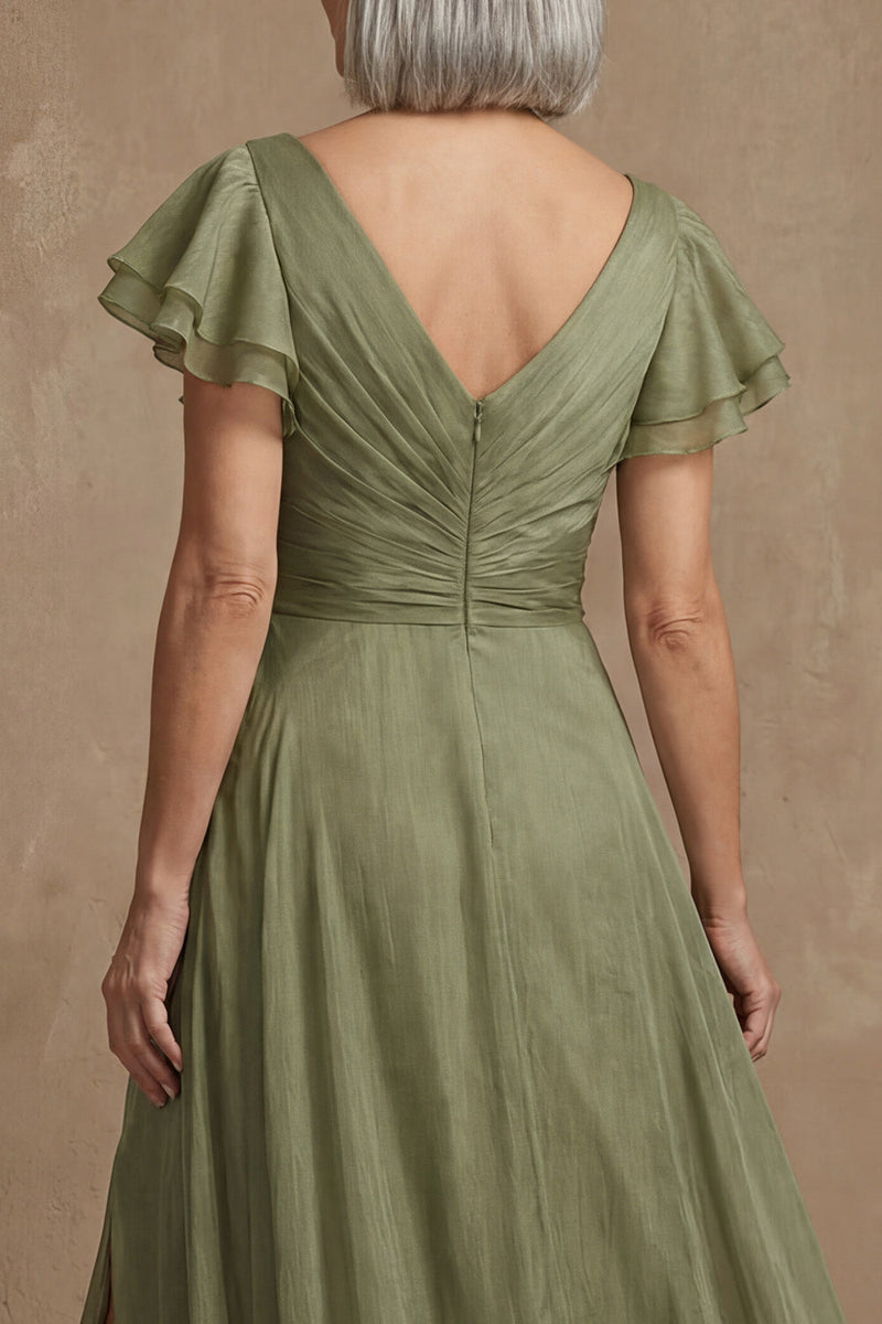 Load image into Gallery viewer, V Neck Dusty Sage Ruffled A Line Long Mother of the Bride Dress with Slit