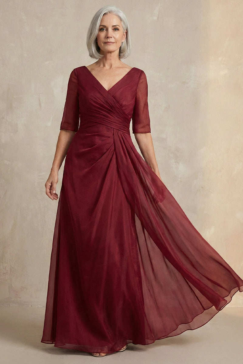 Load image into Gallery viewer, Red V Neck A Line Long Mother of the Bride Dress with Sleeves