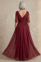 Load image into Gallery viewer, Red V Neck A Line Long Mother of the Bride Dress with Sleeves