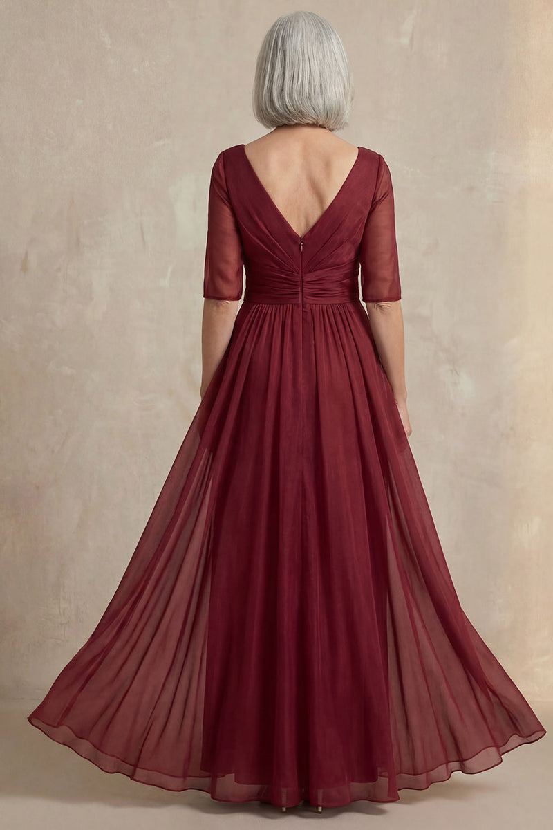 Load image into Gallery viewer, Red V Neck A Line Long Mother of the Bride Dress with Sleeves